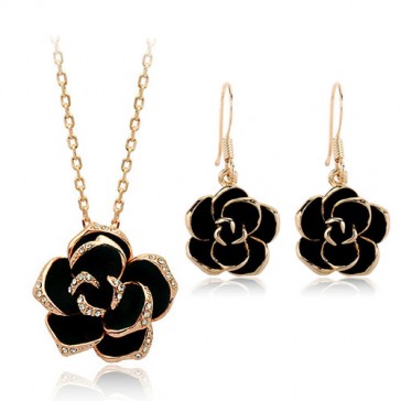 Kiss From a Rose Pendant and Earring Set - Black Enamel